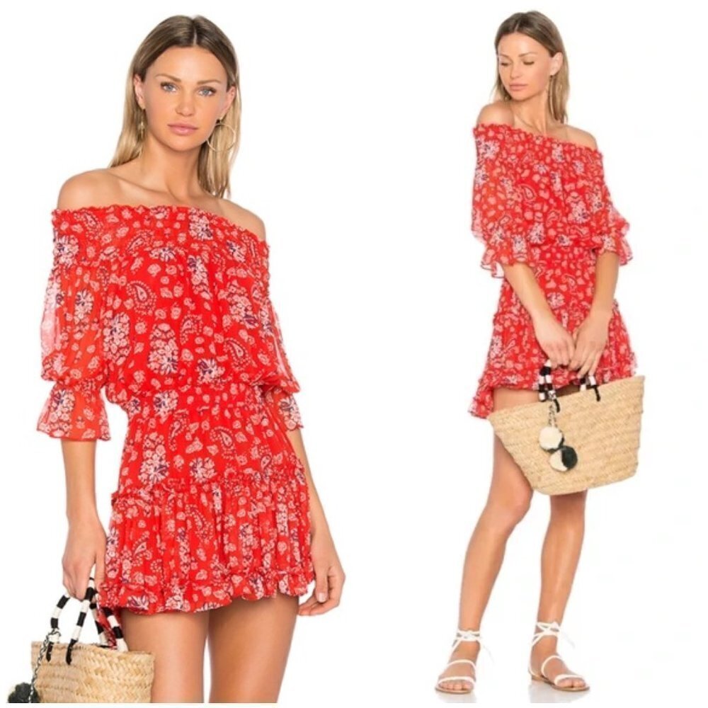 💕MISA LOS ANGELES💕 Darla Paisley Off-The-Shoulder Dress ~ Red Floral XS
